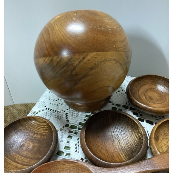 Vintage Mid Century Modern Atomic Wood Orb Sphere Serving Bowl 6 Bowls & Spoon - Picture 8 of 11